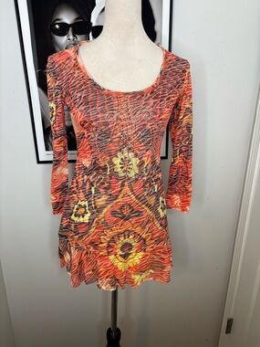 Cristina Orange Printed Scoop-Neck Tunic with Embellished Front